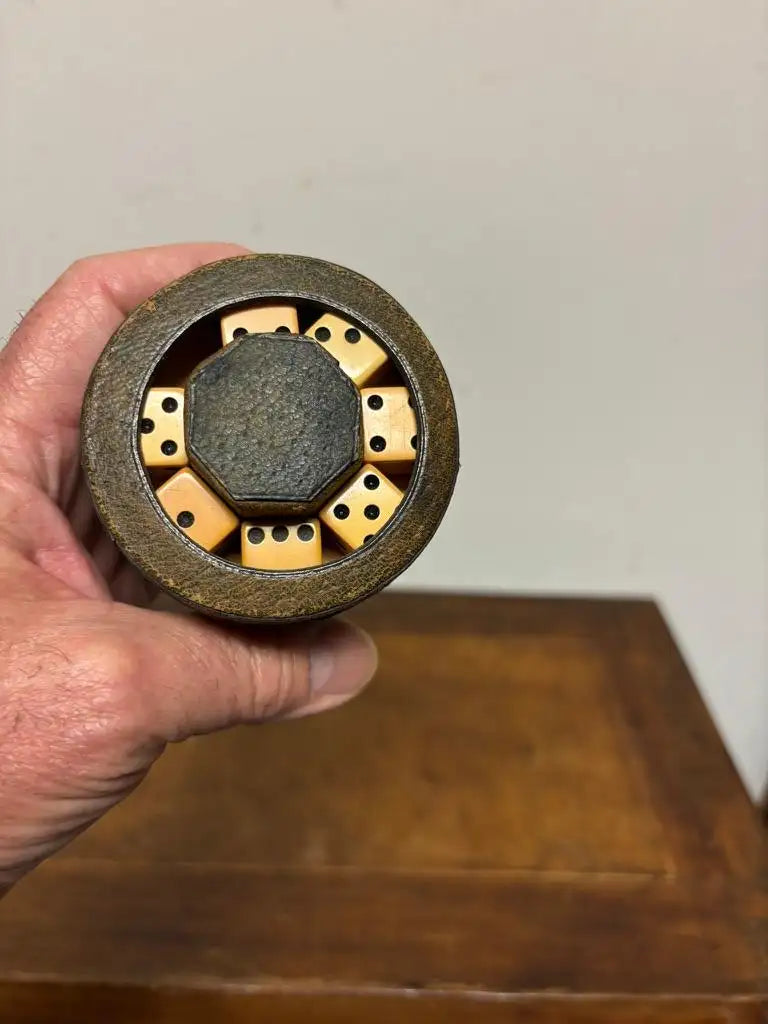 Early 20th Century Leather Dice Cup with 7 Dice Inset into the Top