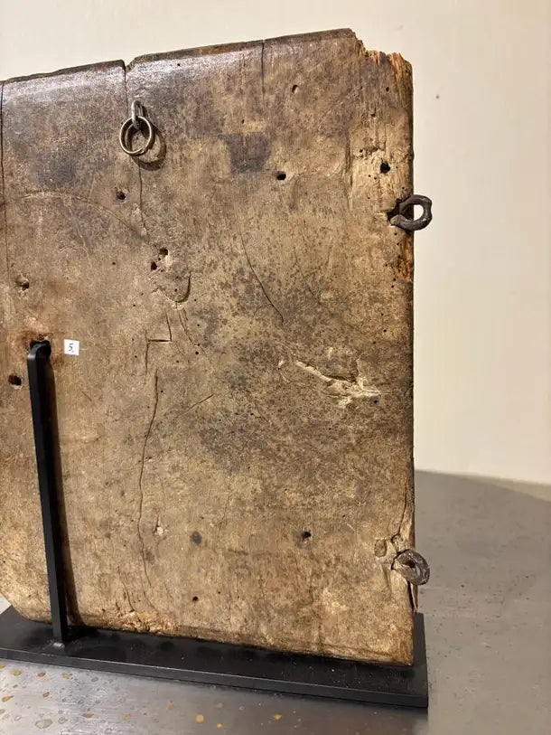17th Century Spanish Carved Walnut Door Panel on Baroque, Hand-Carved, Steel Base