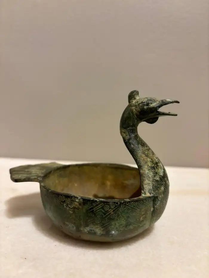 Chinese Archaistic Duck Form Dish with Incised Decoration Verdigis Patina