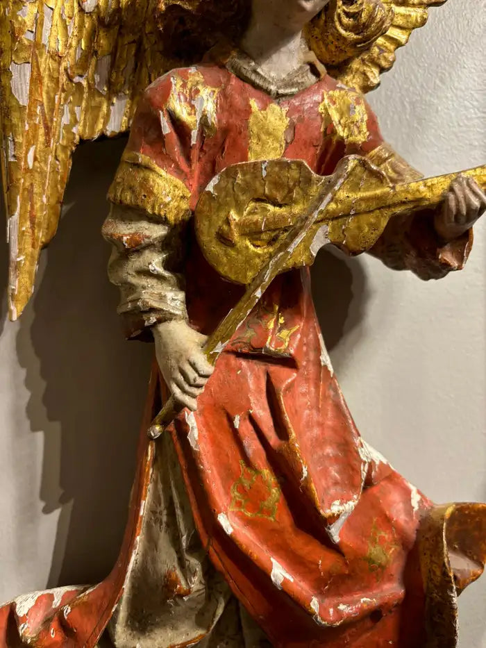 Italian Baroque Painted and Gilt Wood Winged Angel Playing a Violin