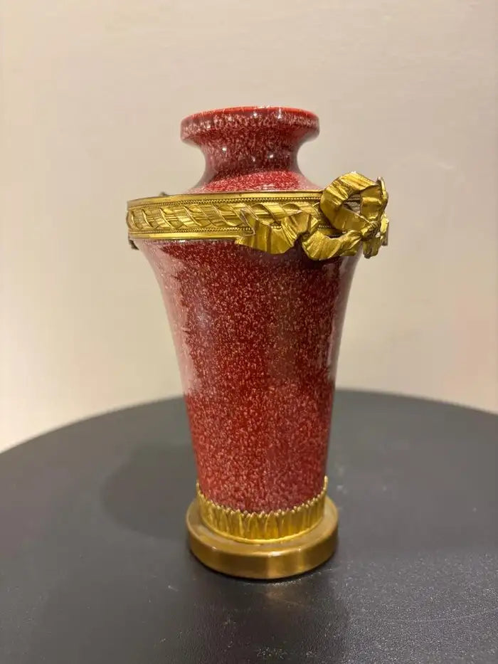 French Louis XVI Style Porcelain Vase Faux Porphyry Glaze Gilt Bronze Mounts