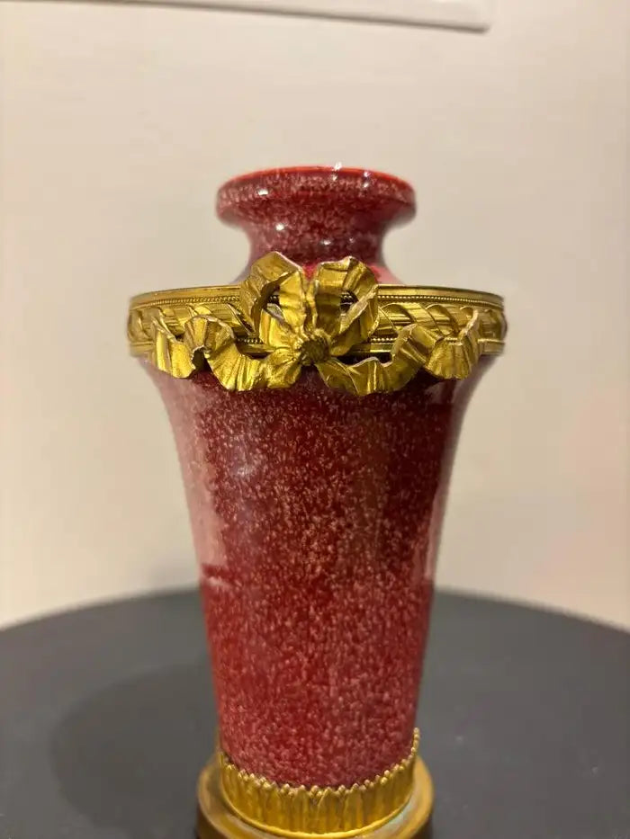 French Louis XVI Style Porcelain Vase Faux Porphyry Glaze Gilt Bronze Mounts