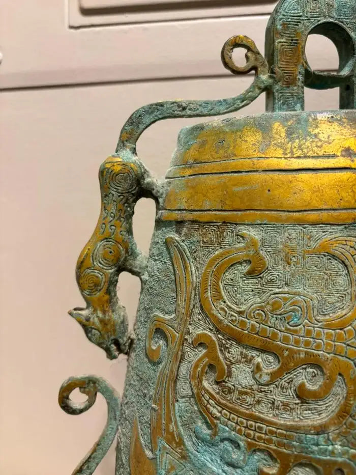 Archaistic Zhou Dynasty Style Gilt Bronze Bell with Verdigris Patina