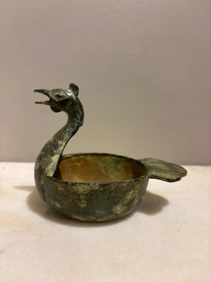 Chinese Archaistic Duck Form Dish with Incised Decoration Verdigis Patina