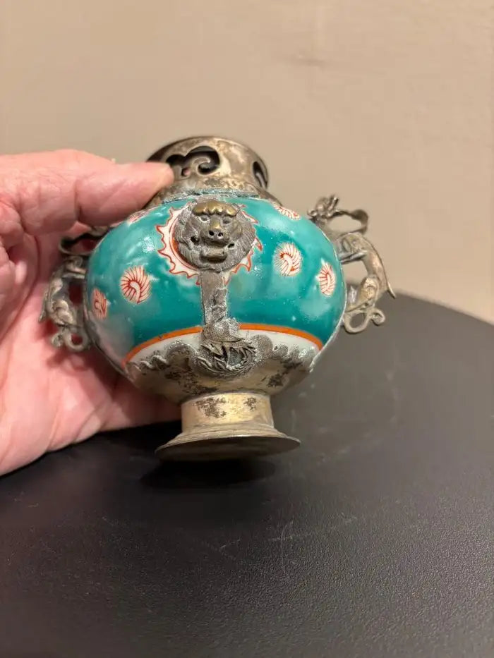 Chinese Qing Glazed Ceramic with Metal Mounts, Monkey, Frogs, Phoenix, Dragons