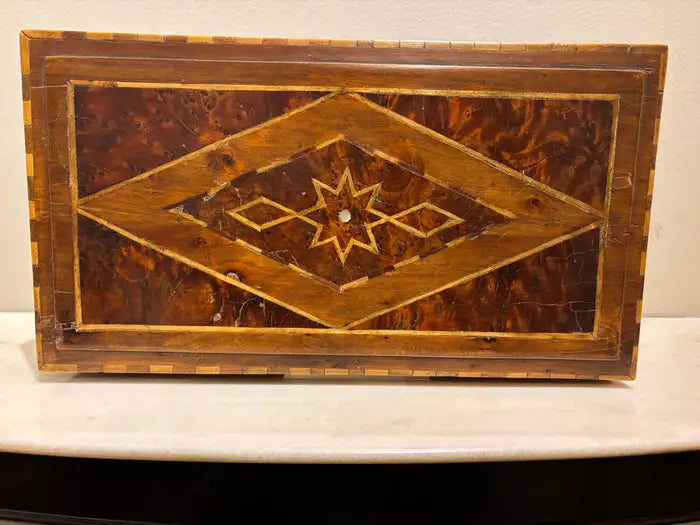 19th Century Burl Wood Box With Fruit Wood and Mother of Pearl Inlay