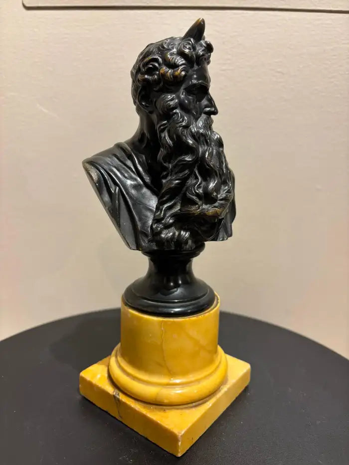 Signed Bronze Bust of Moses on a Sienna Marble Base, After Michelangelo