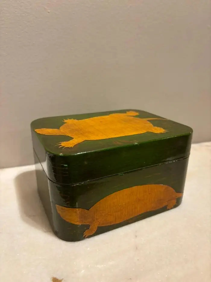 Green and Gold Lacquer Decoupage Turtle Box With Faux Tortoise Shell Interior