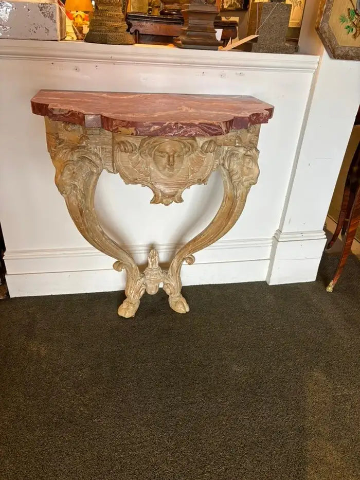 18th Century Italian Carved Rams Head Console Table With Scagliola Top