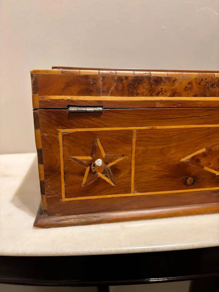 19th Century Burl Wood Box With Fruit Wood and Mother of Pearl Inlay