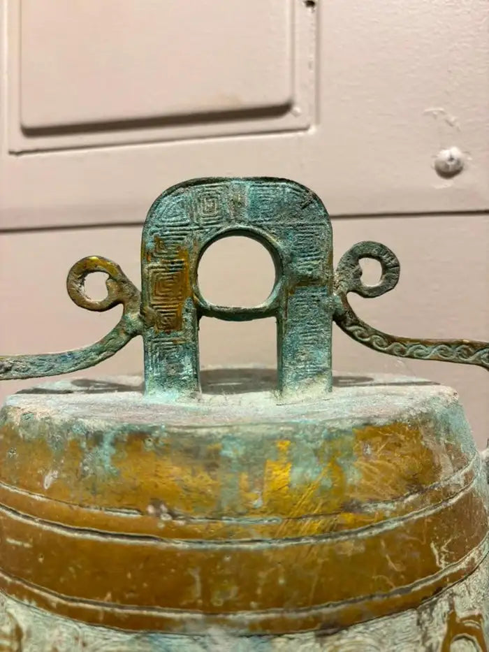 Archaistic Zhou Dynasty Style Gilt Bronze Bell with Verdigris Patina