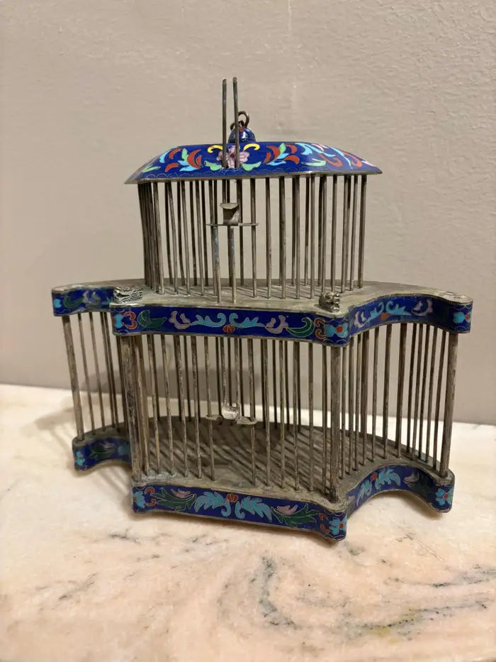 Chinese Cloisonne Enamel Cricket Cage with Dragon Heads, Circa 1900