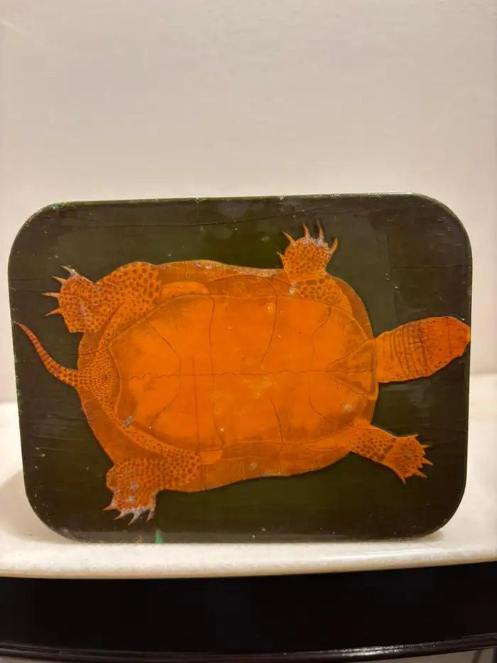 Green and Gold Lacquer Decoupage Turtle Box With Faux Tortoise Shell Interior