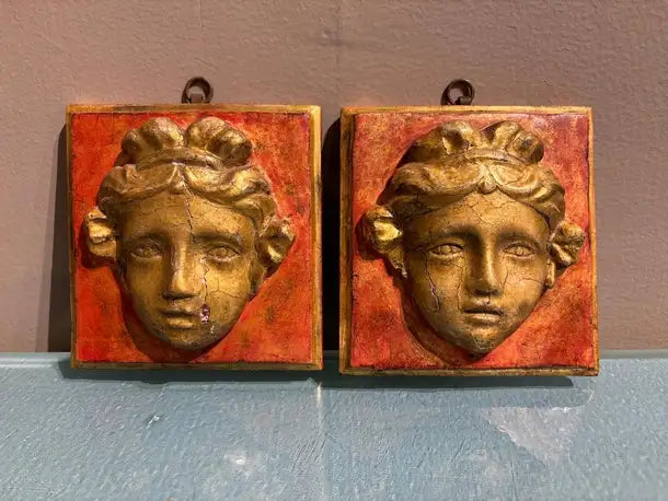 Pair of 18th Century Hand Carved Italian Neoclassical Giltwood Masks