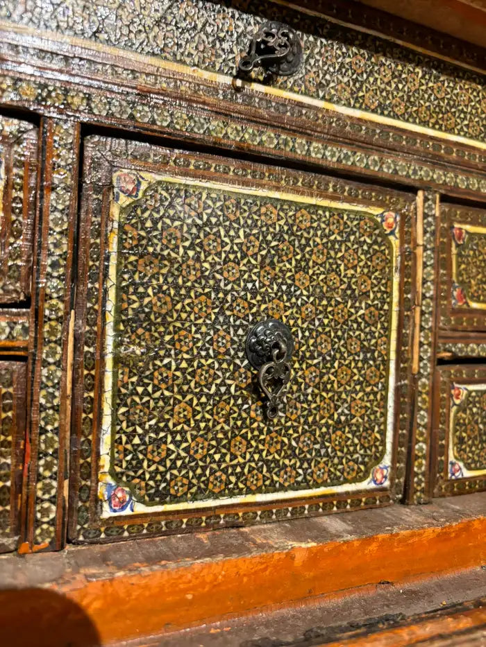 19th Century Anglo Indian Inlaid Mosaic Box With Drop Front and Drawers