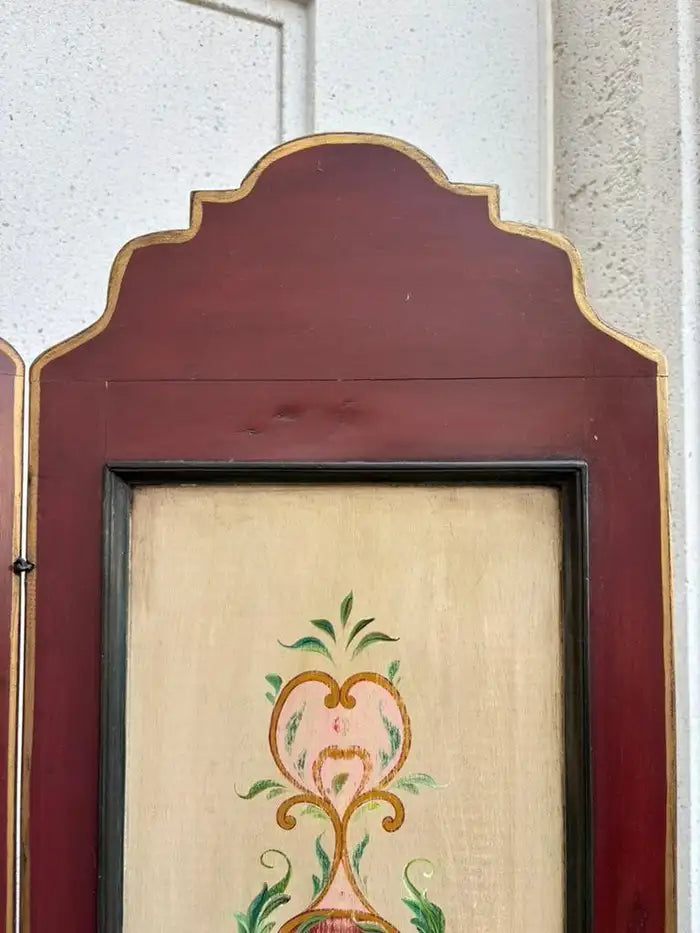 Italian Painted Four Panel Wood Screen Room Divider With Floral Decoration