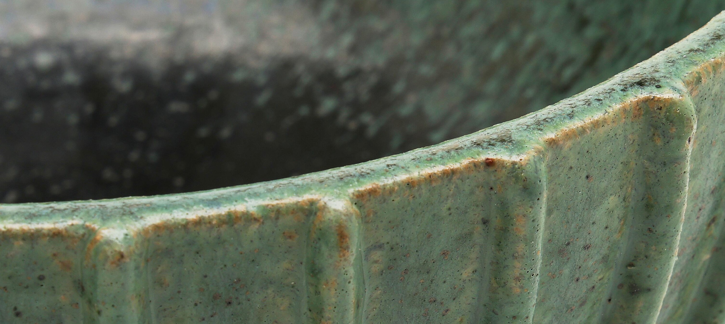 Arne Bang Circular Stoneware Bowl with Vertical Fluted Relief Decor, Green Glaze, Signed Monogram 189