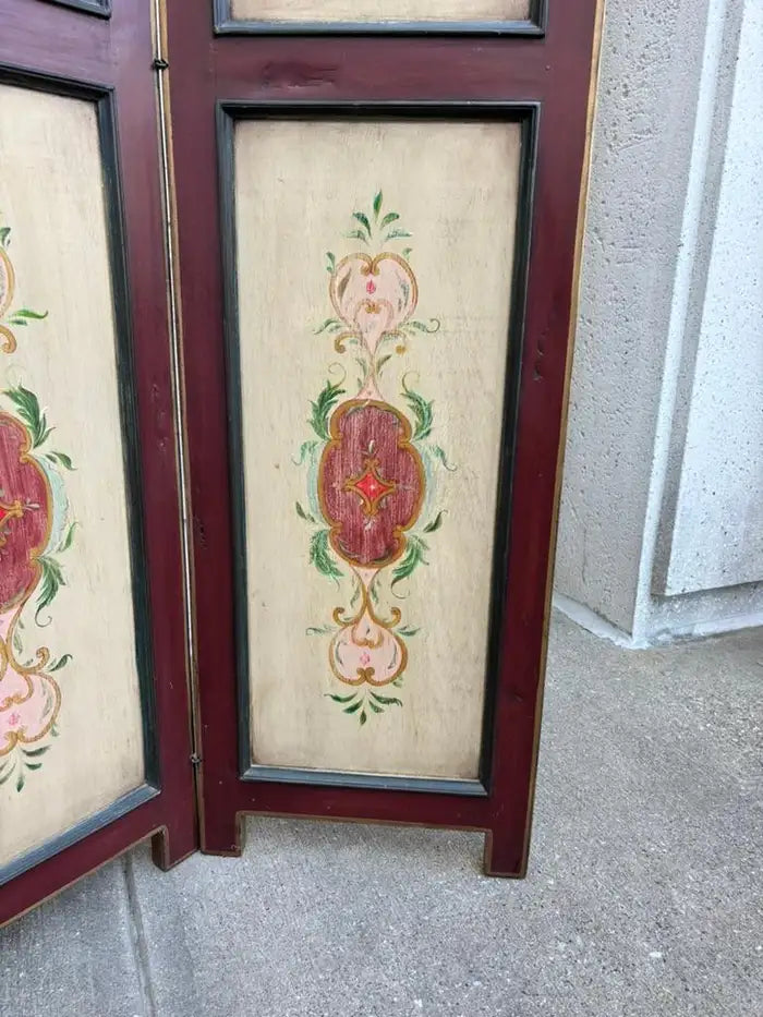 Italian Painted Four Panel Wood Screen Room Divider With Floral Decoration