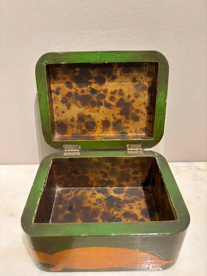 Green and Gold Lacquer Decoupage Turtle Box With Faux Tortoise Shell Interior