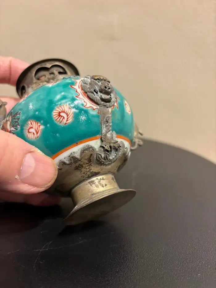 Chinese Qing Glazed Ceramic with Metal Mounts, Monkey, Frogs, Phoenix, Dragons