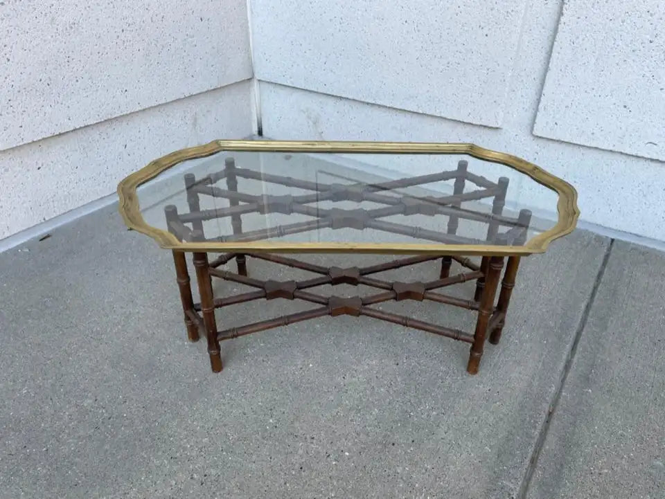 Regency Style Small Scale Brass Frame Glass Top Coffee Table Faux Bamboo Base
