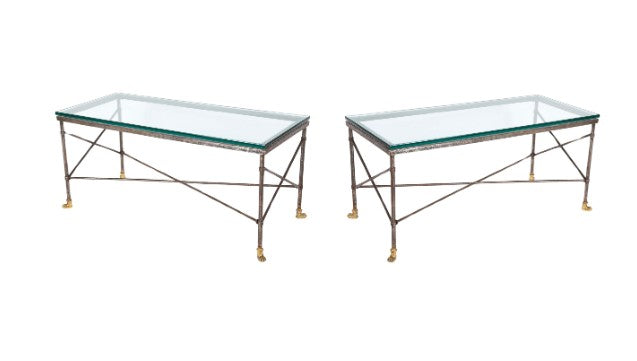 Pair of Wrought Iron & Bronze Tables with Beveled Glass Tops