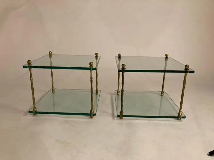 Pair of Italian Mid Century Modern Faux Bamboo Glass and Brass Side Tables