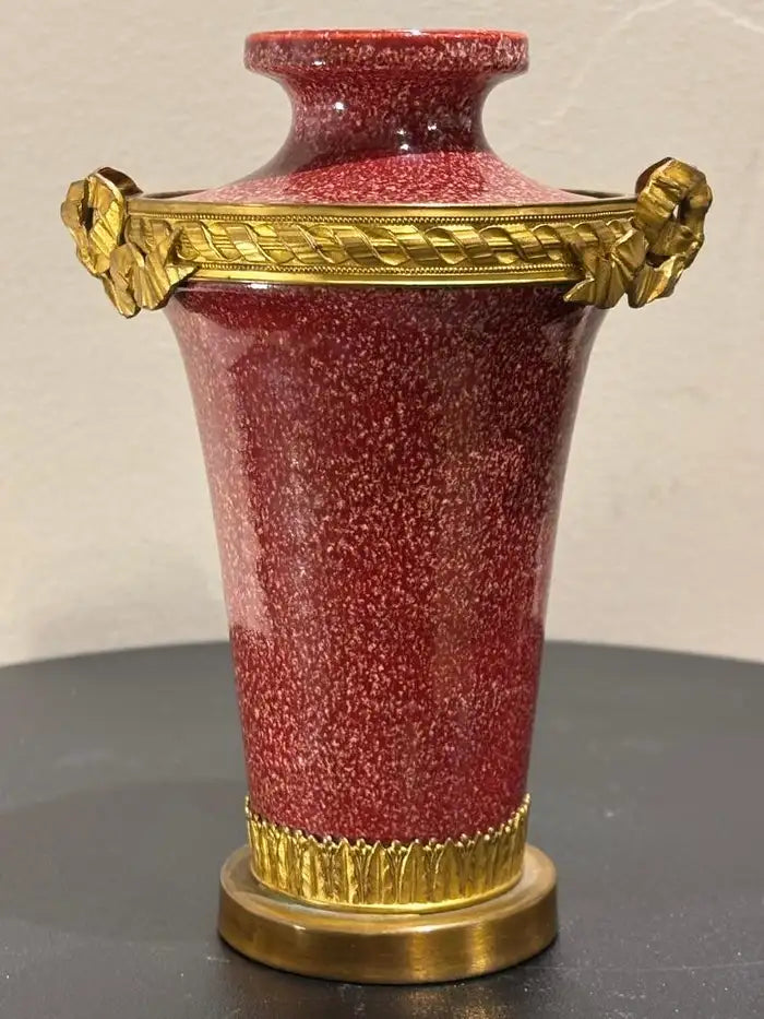 French Louis XVI Style Porcelain Vase Faux Porphyry Glaze Gilt Bronze Mounts
