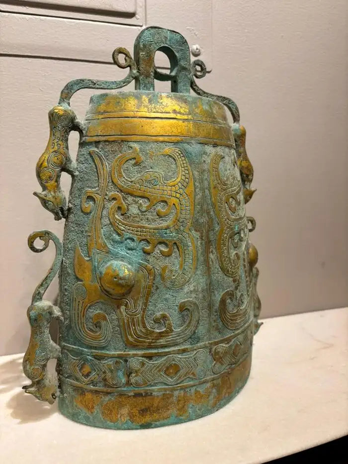 Archaistic Zhou Dynasty Style Gilt Bronze Bell with Verdigris Patina