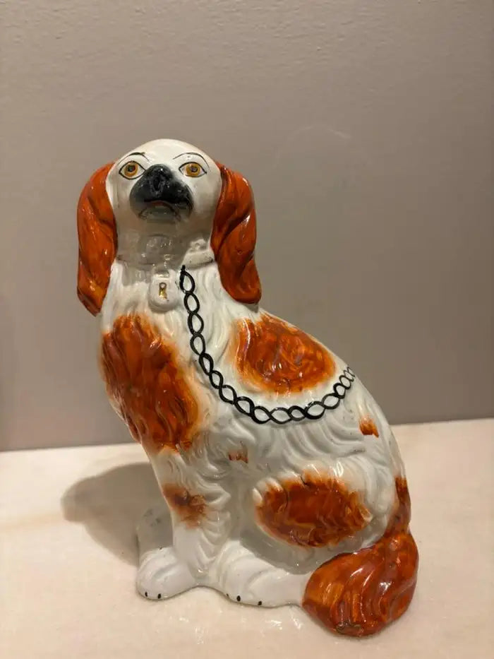 Pair of Antique English Staffordshire Glazed Ceramic Spaniels