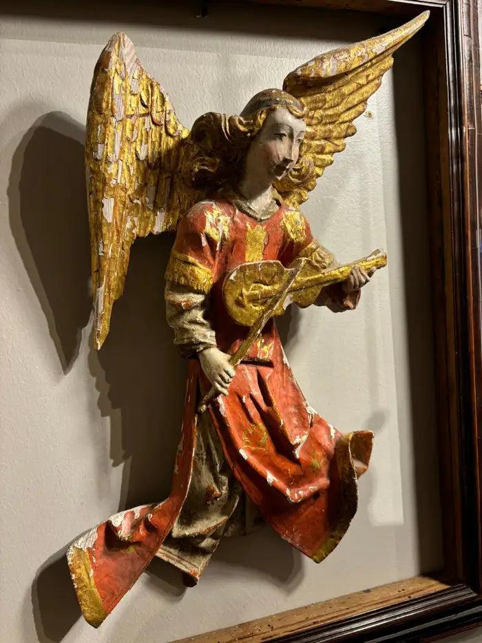 Italian Baroque Painted and Gilt Wood Winged Angel Playing a Violin