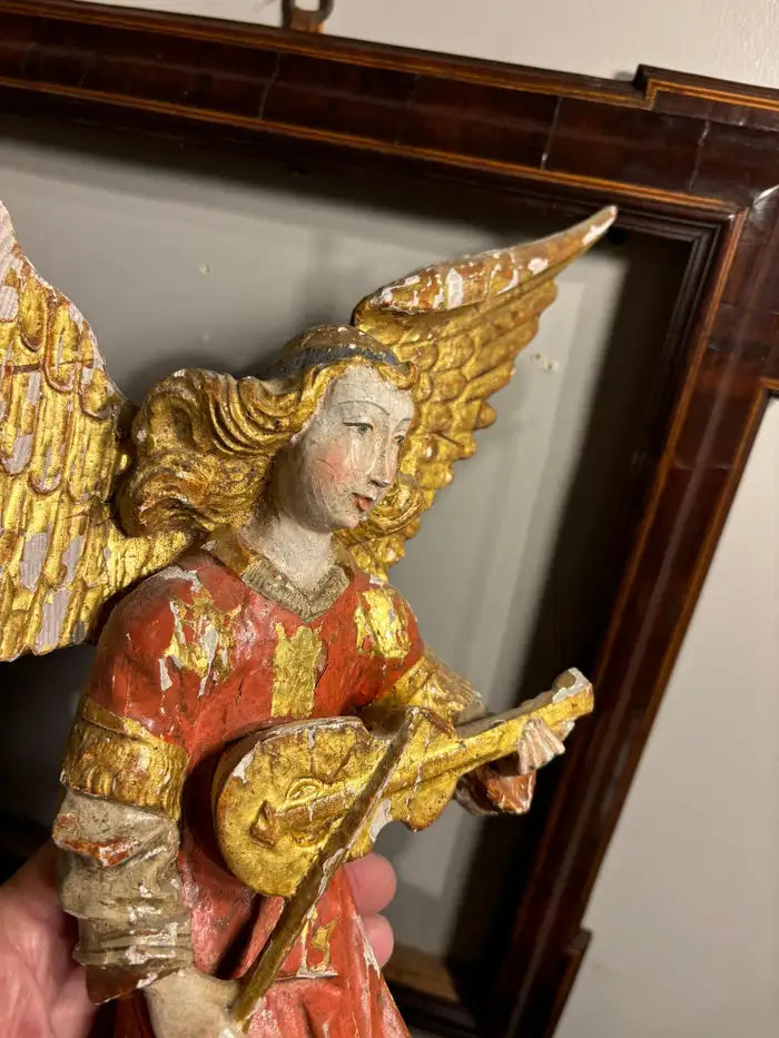 Italian Baroque Painted and Gilt Wood Winged Angel Playing a Violin