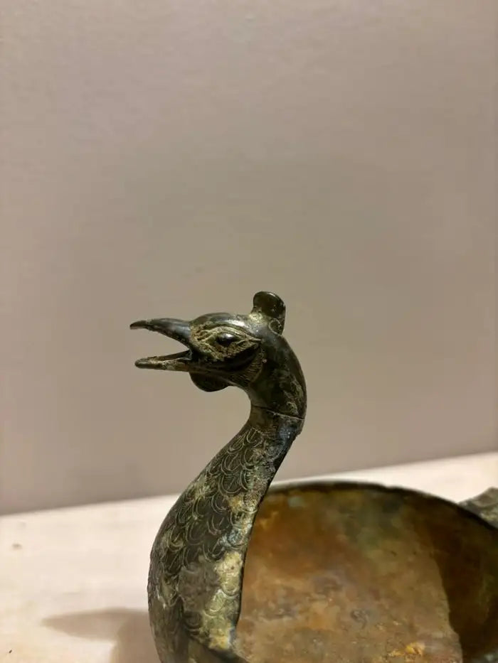 Chinese Archaistic Duck Form Dish with Incised Decoration Verdigis Patina