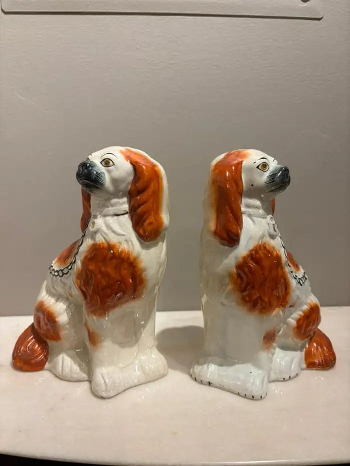 Pair of Antique English Staffordshire Glazed Ceramic Spaniels