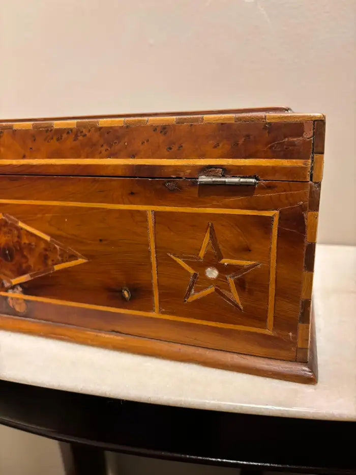 19th Century Burl Wood Box With Fruit Wood and Mother of Pearl Inlay