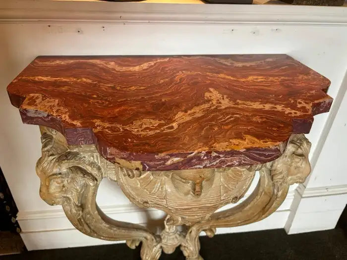18th Century Italian Carved Rams Head Console Table With Scagliola Top