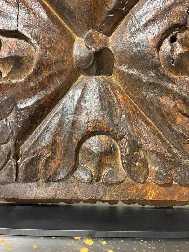 17th Century Spanish Carved Walnut Door Panel on Baroque, Hand-Carved, Steel Base