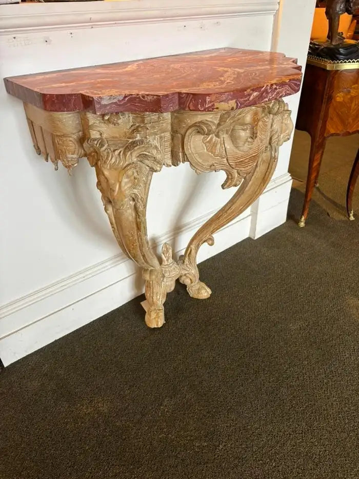 18th Century Italian Carved Rams Head Console Table With Scagliola Top