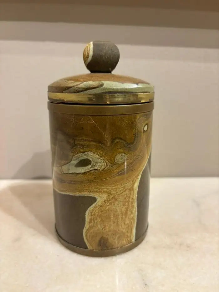 Italian Agate Hard Stone Round Box with Lid and Brass Mounts