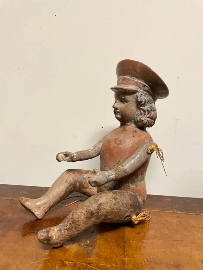 Mexican Terracotta Articulated Doll Figure Wearing a Military Hat