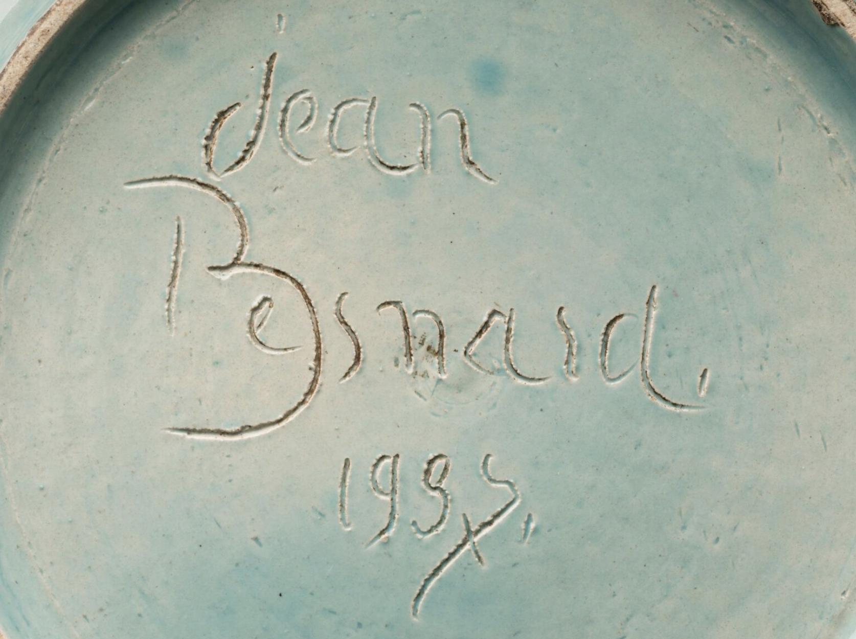 Jean Besnard Circular Ceramic Plate with Scratched Floral Decoration on Water Green Ground, Signed