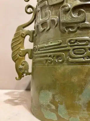 Chinese Archaistic Bronze Ritual Bell, Zhou Dynasty Style having Great Verdigris Patina