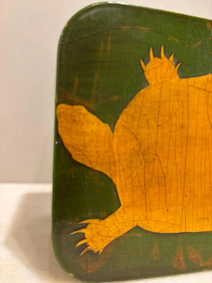 Green and Gold Lacquer Decoupage Turtle Box With Faux Tortoise Shell Interior