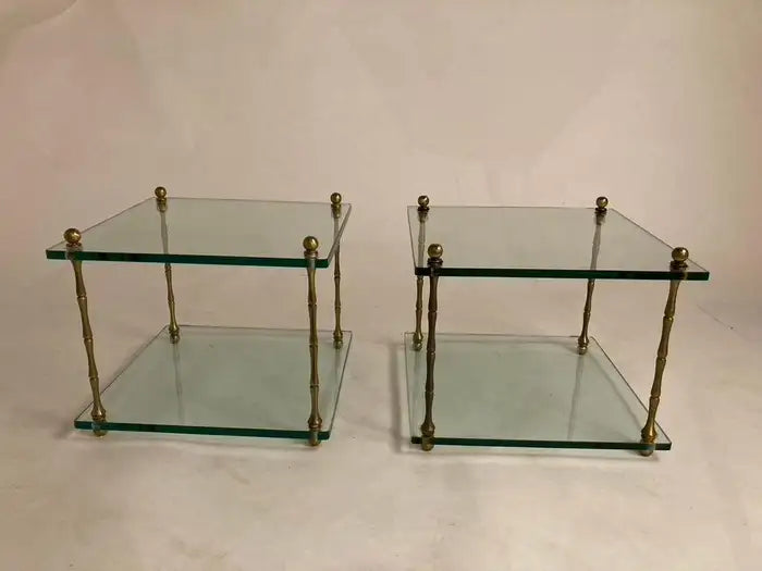 Pair of Italian Mid Century Modern Faux Bamboo Glass and Brass Side Tables