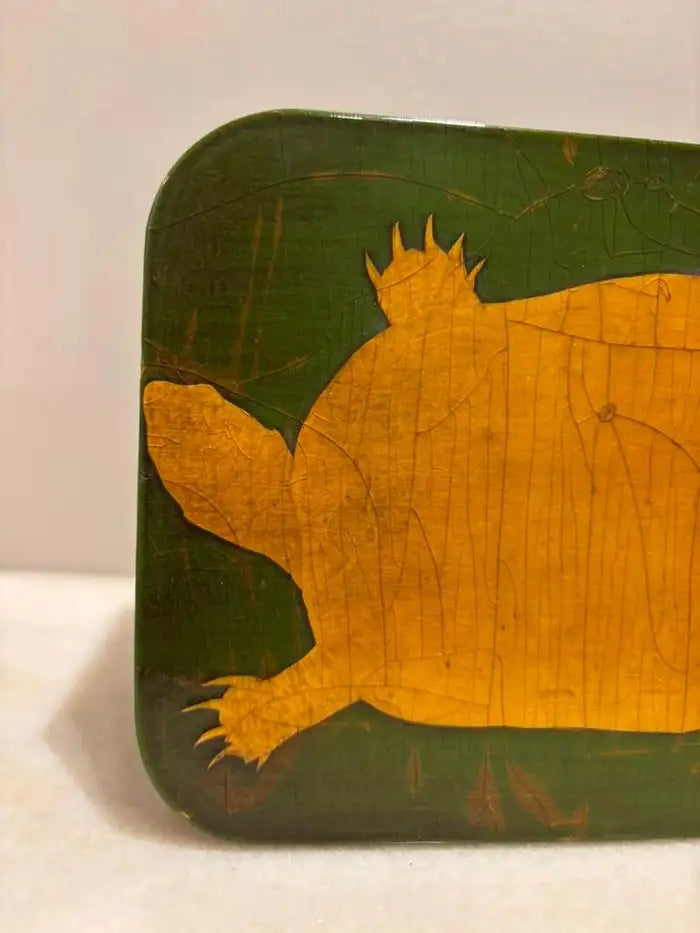 Green and Gold Lacquer Decoupage Turtle Box With Faux Tortoise Shell Interior