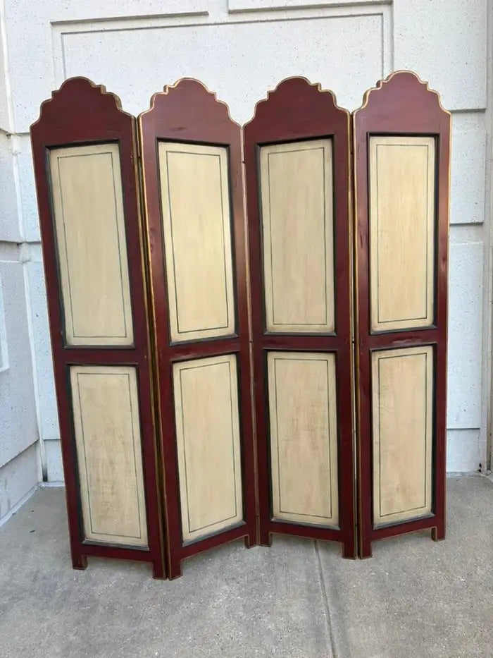 Italian Painted Four Panel Wood Screen Room Divider With Floral Decoration