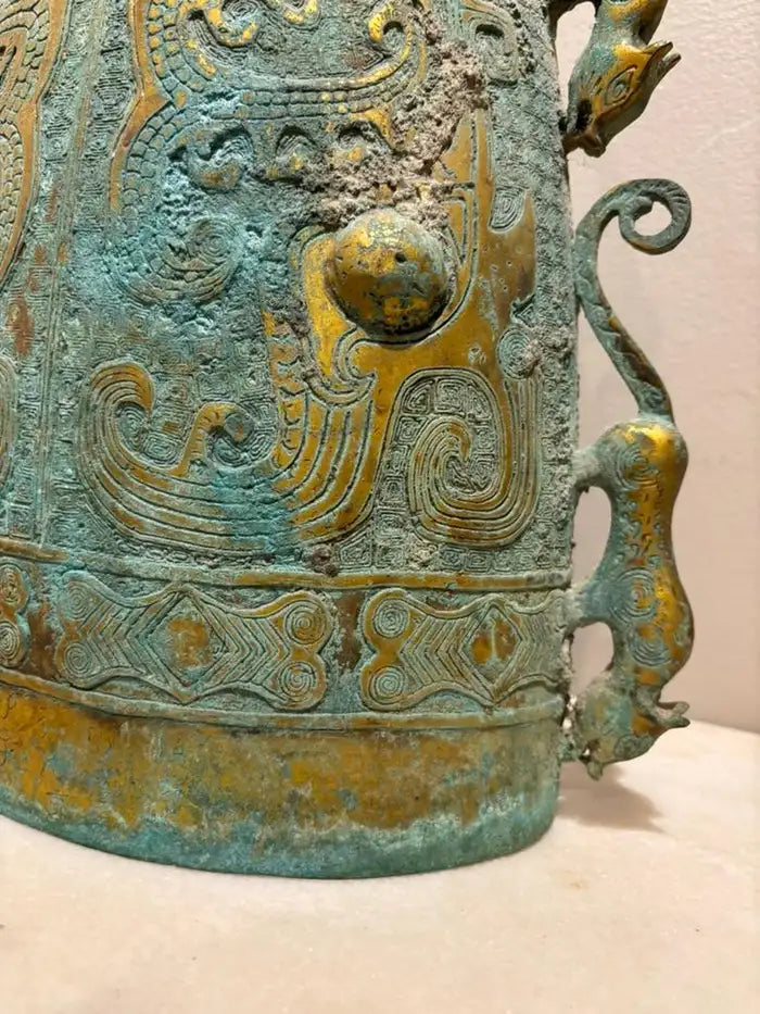 Archaistic Zhou Dynasty Style Gilt Bronze Bell with Verdigris Patina