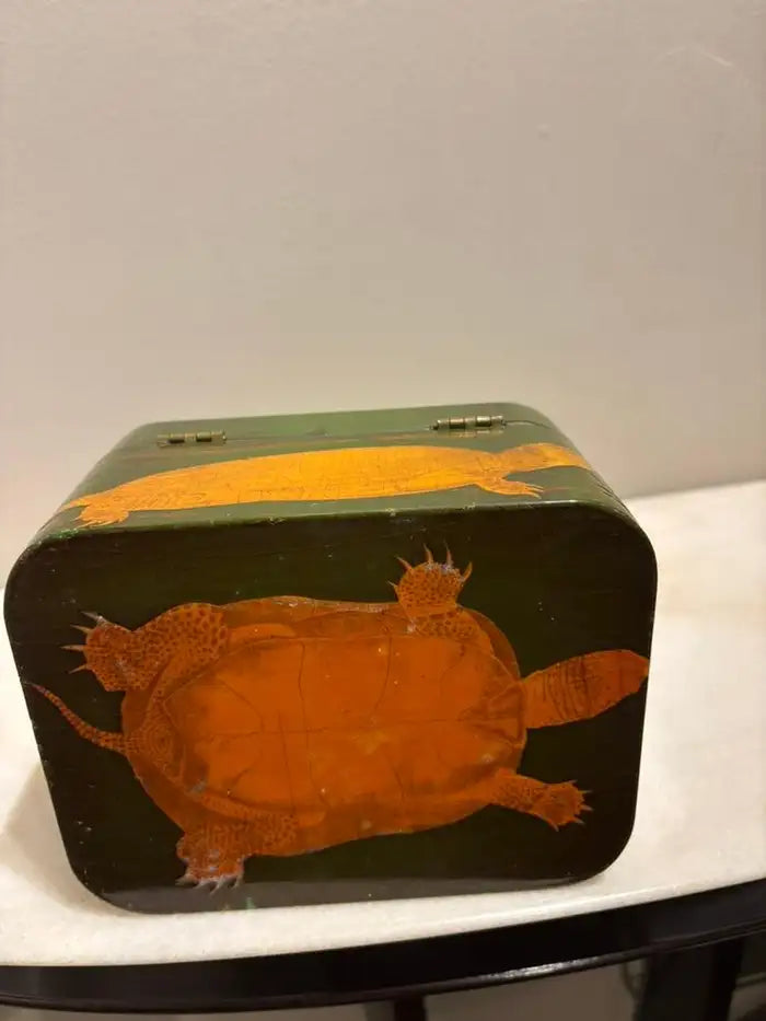 Green and Gold Lacquer Decoupage Turtle Box With Faux Tortoise Shell Interior