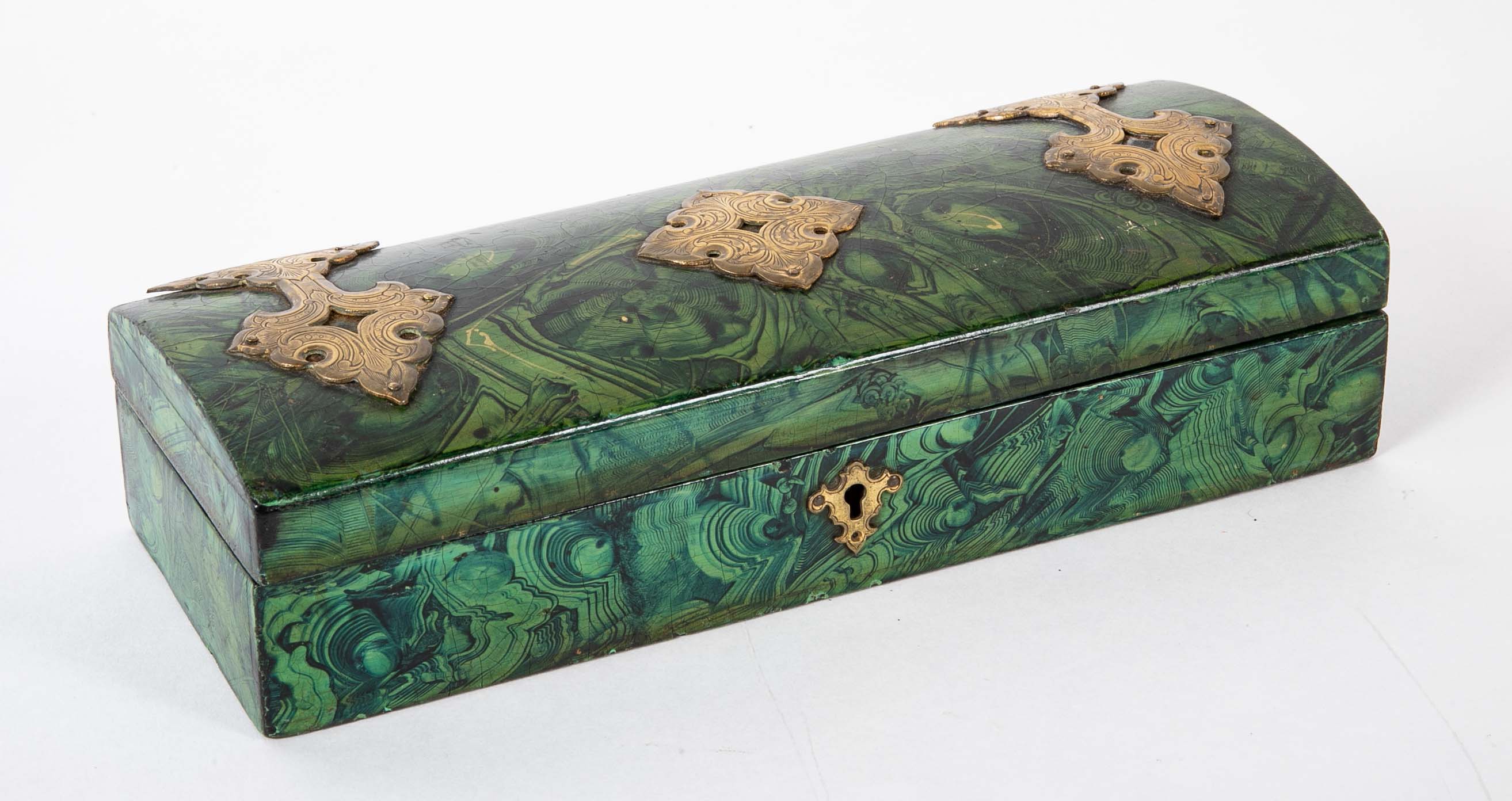 Late 19th Century Faux Malachite Painted Box with Brass Mounts
