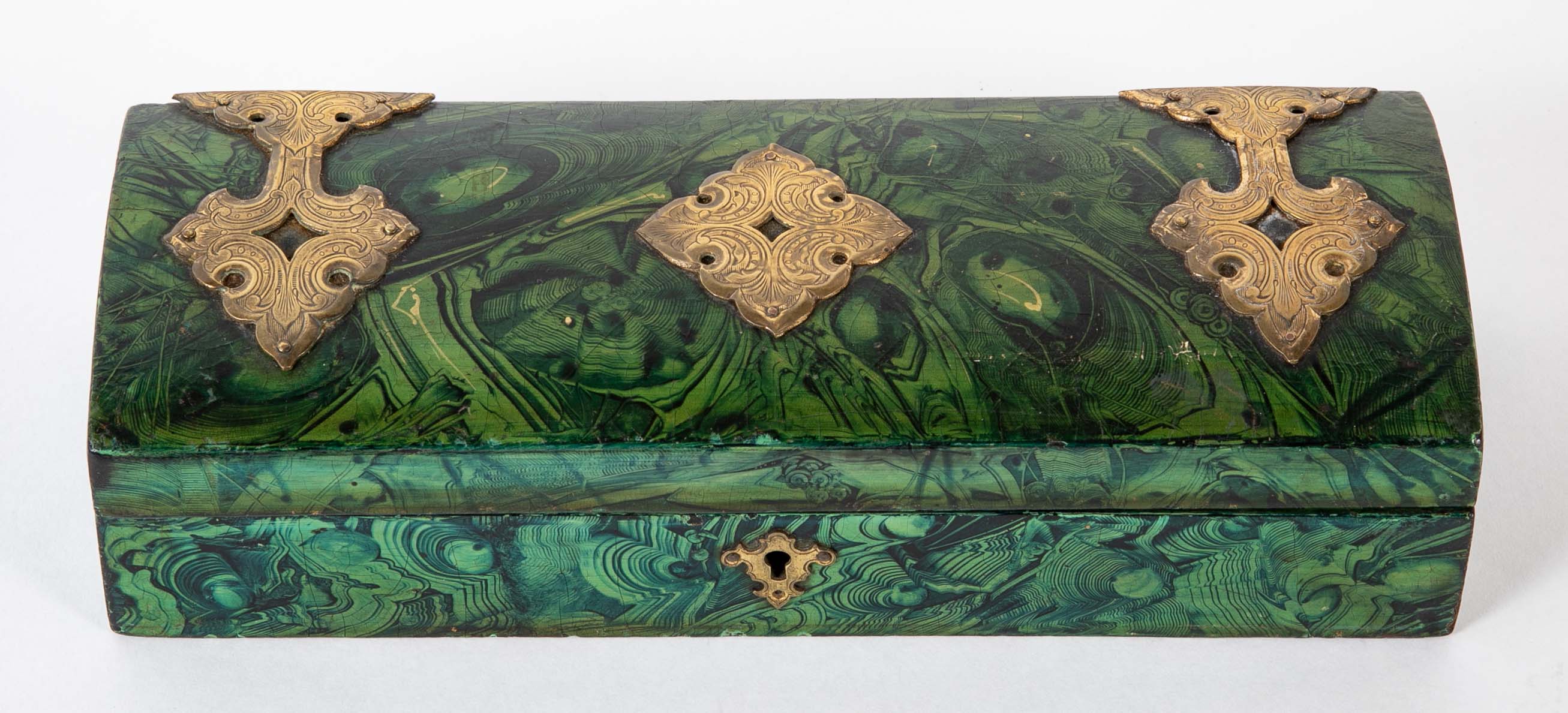Late 19th Century Faux Malachite Painted Box with Brass Mounts